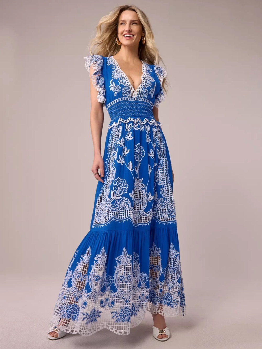 Farm Rio Blue Romantic Richelieu Maxi Dress